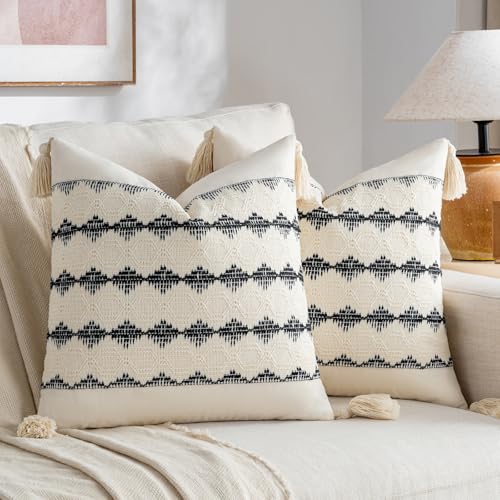 Fancy Homi Set of 2 Black Decorative Throw Pillow Covers 18x18 Inch for Couch Bed Sofa Living Room Office, Aesthetic Organic Farmhouse Home Decor, Cotton Woven Textured Cushion Case with Tassels