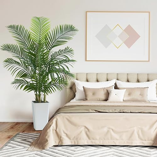 Artificial Palm Tree:5FT Tropical Fake Silk Plant UV Resistant Faux Areca Palm with White Planter & Black Pebbles for Home Office Living Room Decor Indoor Patio Porch Balcony (5FT,1-Pack,White) - Image 5