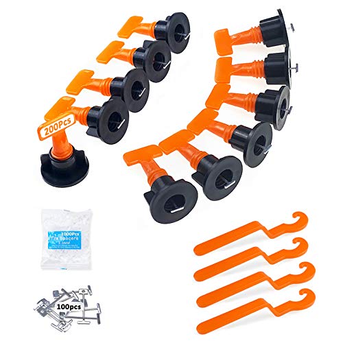 Tile Leveling System Kit - 1000pcs 2mm Tile Spacers, 200pcs Tile Leveler Spacers, 4 Special Wrenches and 100pcs Steel Pins - Reusable Tile Installation Tool Kit for Stone Installation