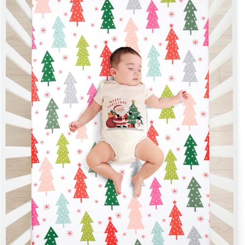 Image of JISEN Christmas Crib Sheet Colorful Tree Fitted Crib Sheet for Boys Girls Crib Mattress Cover Baby Sheet for Standard Crib and Toddler Mattress Soft Breathable Baby Bed Sheet for Neutral 52x28 Inch