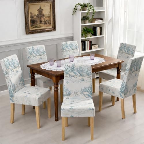 Fundas de silla lavables y transpirables con diseño de concha náutica de elastano azul 6 uds 7