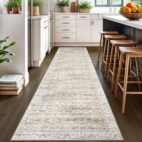 3x10 Beige Yellow White Washable Runner Rug for Kitchen, Soft Classic Runners with Non-Slip, Non-Shedding Distressed Floral Rug for Hallways Door mat Indoor Bedroom Indoor