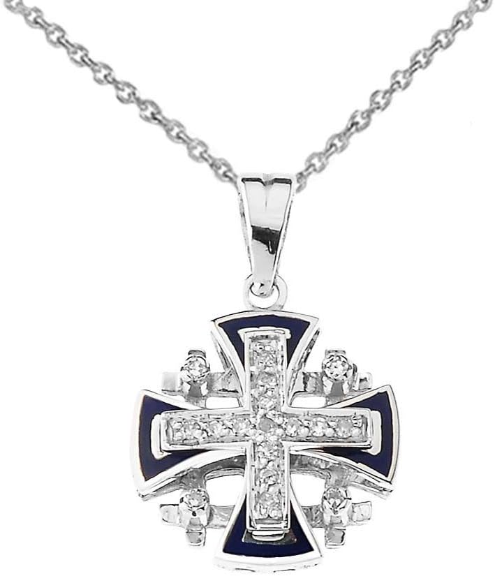 Religious Jewelry Elegant Sterling Silver Diamond Jerusalem Cross Pendant Necklace with Blue Enamel
