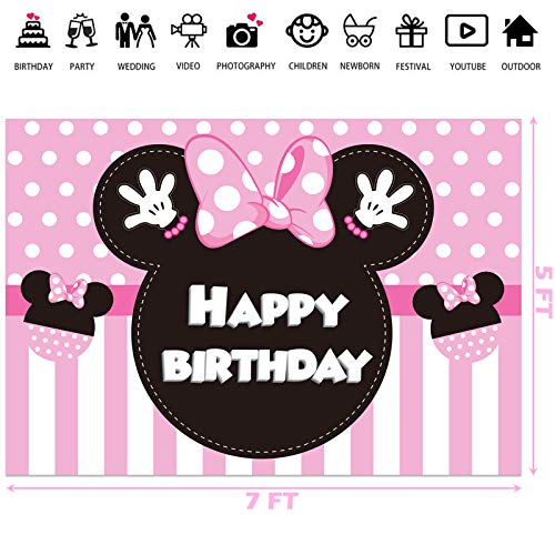 7X5Ft Minnie Birthday Backdrop Pink Bow Princess Happy Birthday Photography Background Banner For Kids Girls Mouse Themed Baby Shower 1St 2Nd Birthday Party Supplies Decoration #TOP3