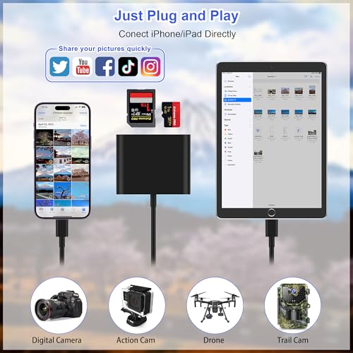Image of SD Card Reader for iPhone, Memory Card Reader with USB-C to Light-ning Adapter Plug and Play Trail Game Camera Micro SD Card Viewer Support SD /TF Card and USB for iPad No App Required (Black)