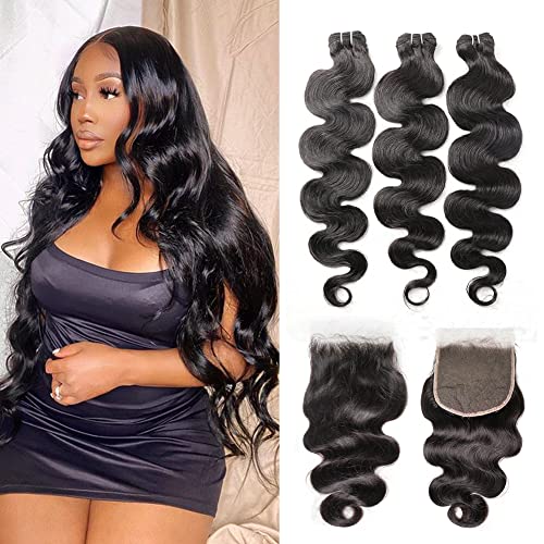 Glowig 10A Body Wave Bundles with Closure (22 24 26+20) 100% Human Hair Bundles with Closure Brazilian Virgin Body Wave Human Hair Weave Bundles with 4x4 Lace Closure Free Part (22 24 26+20 closure)
