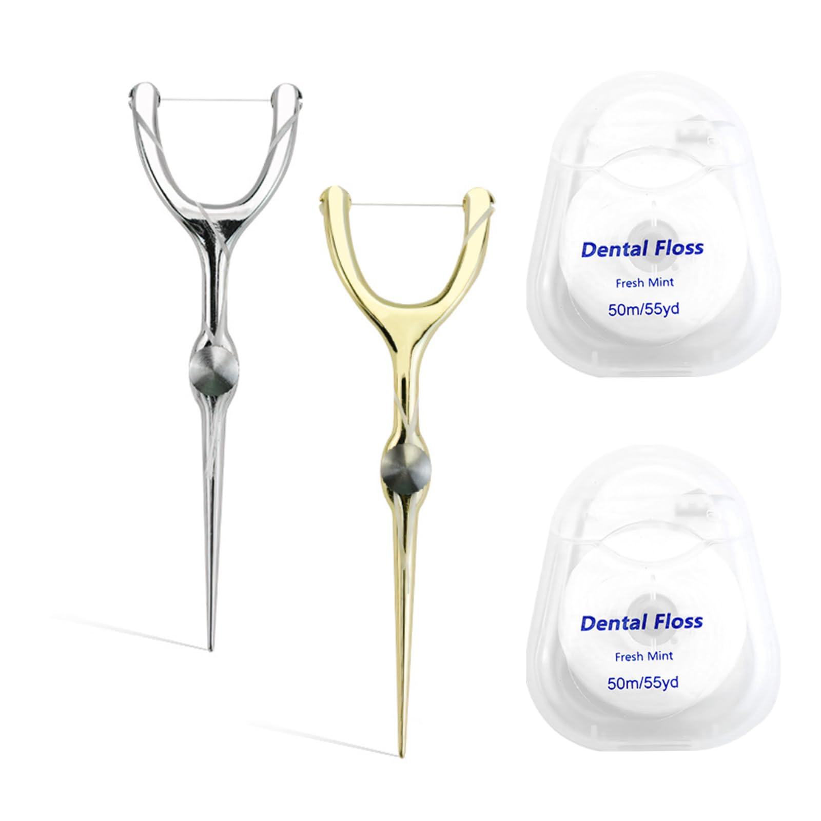 Set of 2 Stainless Steel Dental Floss Kit 50M/Roll with Replaceable Pick Toothpick Holder - Portable Oral Care in PVC Case (Home / Travel)