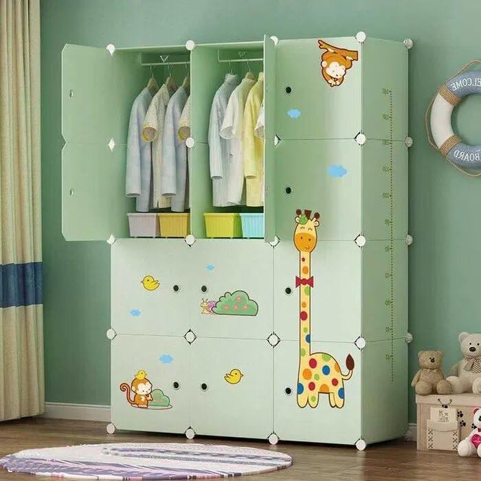 Image of LUHI Plastic Wardrobe for Kids Clothes - Durable, Easy to Use Anti-Skid & Non-Slip Effective Professional Collapsible Wardrobe, Plastic Cupboard for Kids, Foldable Almirah (L4 Green, 12 Door)