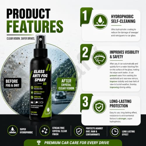 Image of Oil Film Cleaning Brush & Car Glass Cleaner Anti-Fog Spray | Windshield Defogger & Stain Remover for Interior & Exterior | Anti-Mist, Oil Stain Remover for Car Windows, Mirrors & Glass (2pc - Spray)