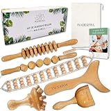 Maderma Kit completo de Maderoterapia 6 piezas de madera 100% natural – Gua sha masaje – masajeador anticelulitis – Drenaje linfático – rodillo de masaje, masaje de espalda