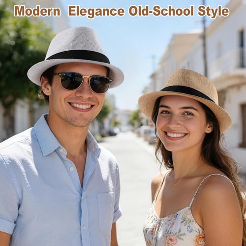 Image of Straw Fedora Hats for Men Women, 1920s Short Brim Trilby Panama Hat Summer Beach Sun Cap