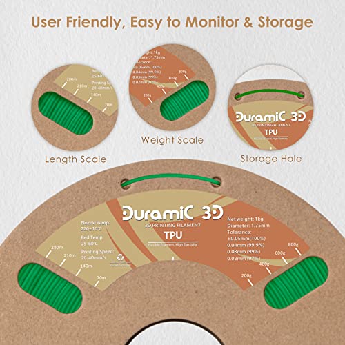 Image of DURAMIC 3D TPU Filament 1.75mm Green, TPU Flexible Filament 95A, Soft TPU 3D Printing Filament, 1kg Spool, Dimensional Accuracy + /- 0.05mm, Green 1 Pack