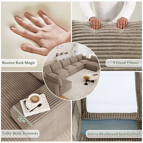 Image of 165 inch Cloud Couch Modular Sectional Sofa for Living Room, U-Shape Boneless Couch with Deep Seat, Modern Corduroy 7-Seater, No Assembly Required, Camel