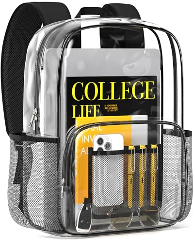 HOTOR Clear Backpack - Multi-Pocket Bookbag Cold-Resistant PVC Waterproof Work Bag & College Backpack with Padded Shoulder Straps for Travel Festival 16.0 x 12.0 x 7.0 Black