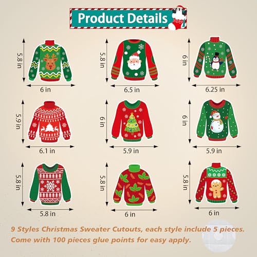 Image of 45PCS Christmas Ugly Sweater Cutouts for Bulletin Board Decoration, Ugly Sweater Paper Cut-Outs for Christmas Party Home Office School Classroom Bulletin Board Decorations