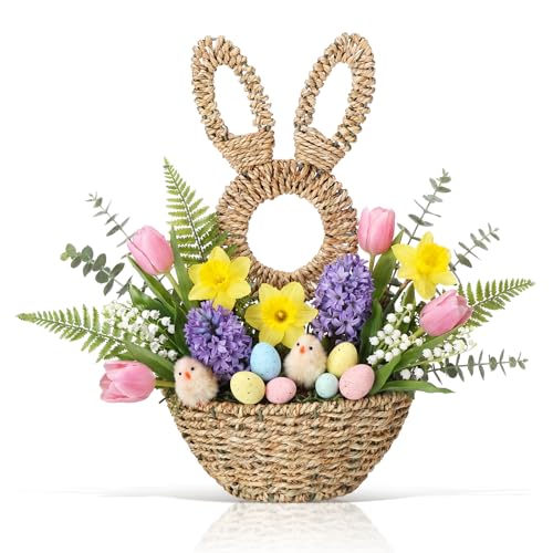 LemonRoad 16.1 Inch Easter Bunny Basket Easter Bunny Woven Wicker Basket Hanging Wall Rabbit Pocket for Spring Front Door Flowers Eggs Gifts Decor