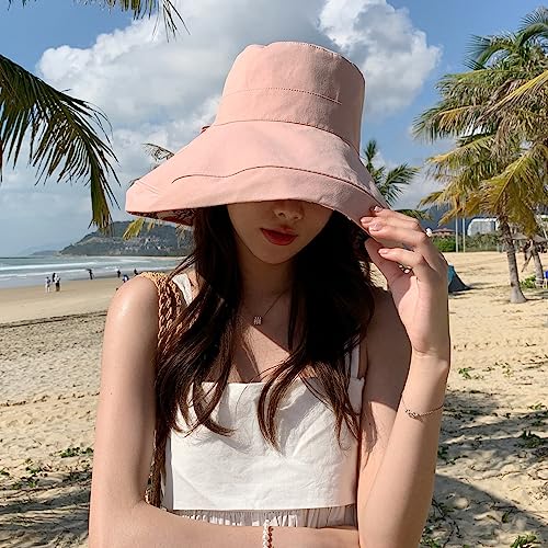 Image of HUAMULAN Women Sun Hat Summer Bucket Beach Boonie Cotton Cap Wide Brim UPF 50