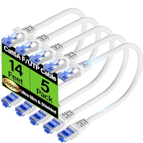 Image of Cat6A Ethernet Cable Shielded 10Gbps 14 ft (5 Pack), Slim Shielded (F /UTP) Ethernet Cable Cat 6, Flexible 28AWG Bare Copper Cat6 Cable, Space-saving Cat 6a Network Cable for Server, Data Center, White