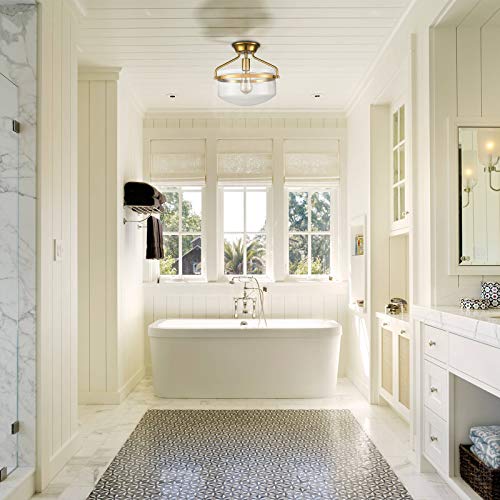 Image of Modern Gold Semi Flush Mount Ceiling Light with 13.4 inchW Dome Glass Shade