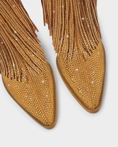 Image of Ouepiano Cowboy Boots for Women - Cowgirl Rhinestone Boots with Sparkly Fringe Pointed Toe Western Boot Chunky Heel Pull-On Wide Calf Botas Vaqueras