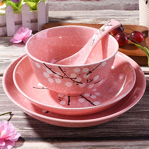 Whitenesser 4-Piece Dinnerware Set, Plate, Dish, Bowl, Spoon, Japanese Hand-Painted Tableware Set(Pink Plum) #TOP1
