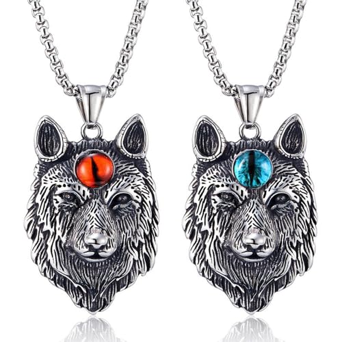 Kawailay 2 pièces collier loup nordique Viking Wolf Head - collier gothique PUNK bike Rock Hip Hop - yeux rouges et bleus
