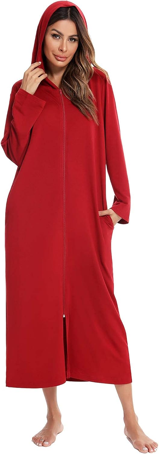 Veseacky Women’s Hooded Full-Length Zipper Bathrobe with Long Sleeves and Pockets (Sizes S-XXL)