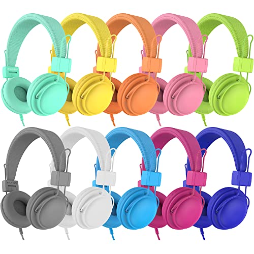AILIHEN Classroom Headphones Kids 10-Pack for School Student K-12, On-Ear Premium Bulk Wired Headset with Mic, 85dB Volume Limited & SharePort, 3.5mm Jack for Chromebook, Computer, Laptop (Multicolor)