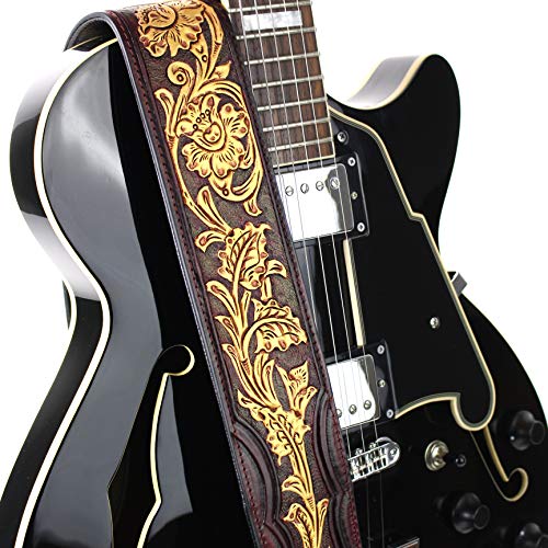 Walker And Williams Lhr-37 Handmade Blood Red Premium Carving Leather Guitar Strap With Bright Gold Western Sheridan Carving Pattern And Padded Leather Back For Acoustic, Electric, And Bass Guitars #TOP4