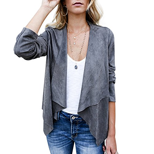 CHICFOR Womens Faux Suede Jacket Long Sleeve Open Front Lightweight Lapel Short Jacket (Dark Grey, 2XL)