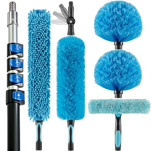 Image of 25 Foot High Ceiling Fan Duster with 6-18ft Extension Pole, Extendable Reusable Cobweb, Feather, Window Cleaning Squeegee Kit