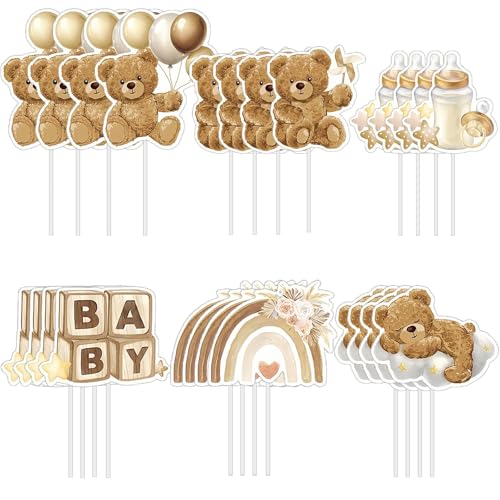 24PCS Baby Shower Cupcake Toppers Baby Shower Cake Toppers Gender Reveal Cupcake Topperset Babys Cake Topper Cute Brown Bear Cupcakes Decorations for Gender Reveal Birthday Party