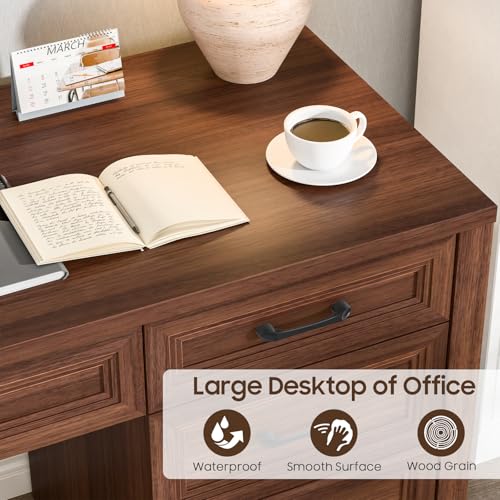 Image of Vabches Farmhouse Executive Desk with Storage and Ample File Drawer, Rustic Large Home Writing Desk for Bedroom, Walnut