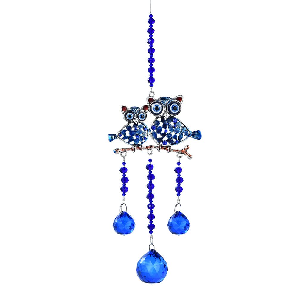 Owl Crystal Sun Catchers Blue Crystal Ball Prism Decor with Evil Eye Sapphire Crystals Beads Pendant for Window Hanging Protection Charm Ornament Rainbow Maker-2 Owls