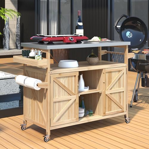 YOPTO Outdoor Kitchen Island,Rolling Bar Cart & Storage Cabinet,Solid Wood Outdoor Grill Table W/Stainless Steel Work Top,Spice Rack & Towel Rack,Easy to Clean for Kitchen,Poolside,Patio,BBQ,Natural by YOPTO - Image 2