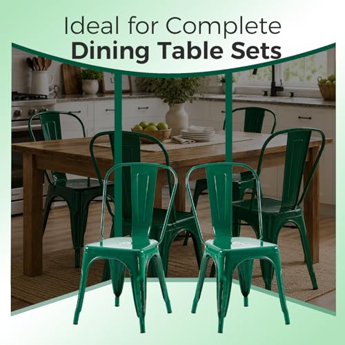 Image of Metal Dining Chairs with Backrest, Stackable, Green, 4 Pack | Easy Assembly, Non-Slip Feet, 330 lb Capacity, Kitchen, Restaurant, Cafe, Pub, Covered Patio
