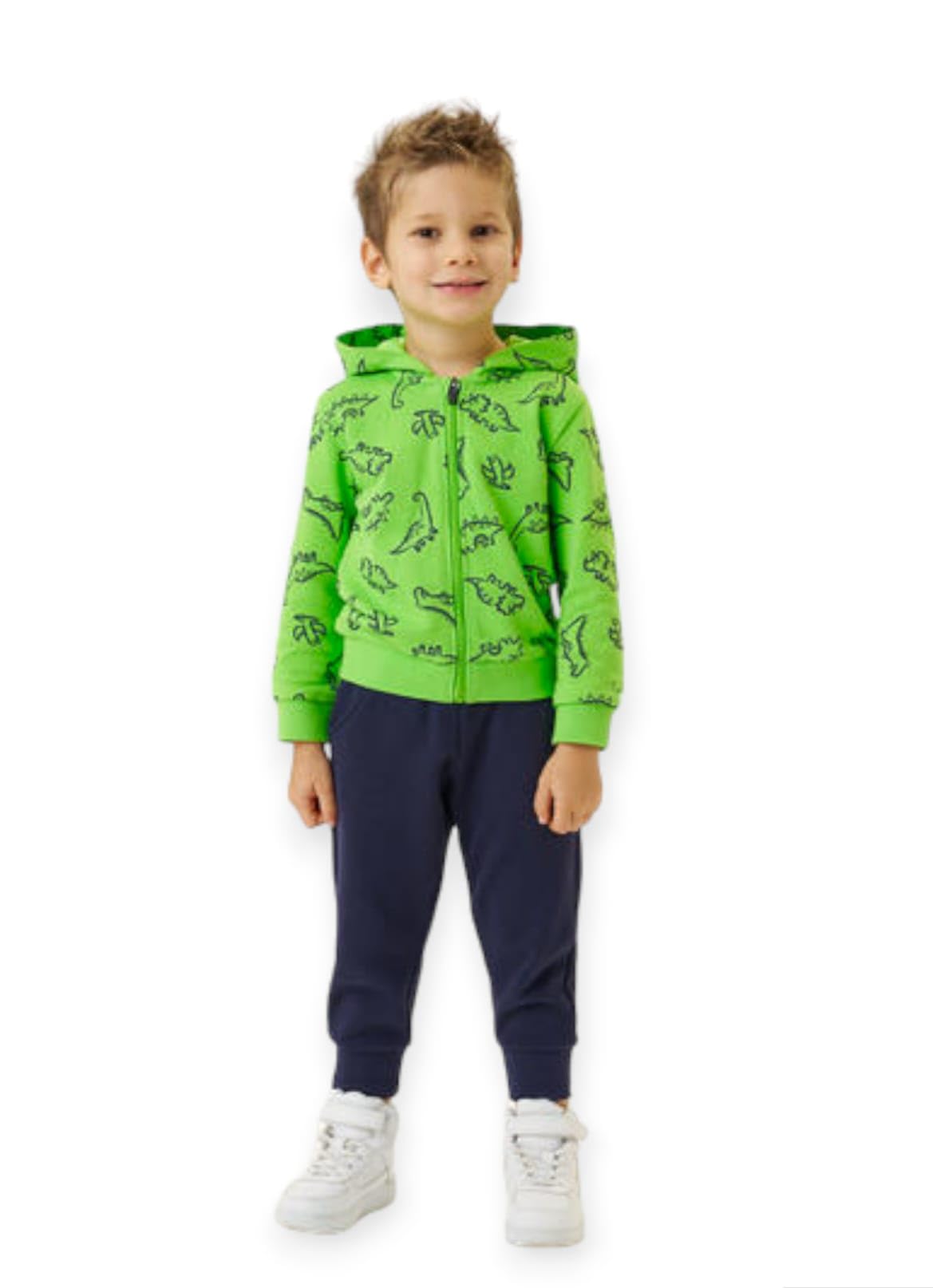 IDO Completo tuta primaverile per bambino 8 anni - 128 cm con felpa zip e cappuccio tema dinosauri