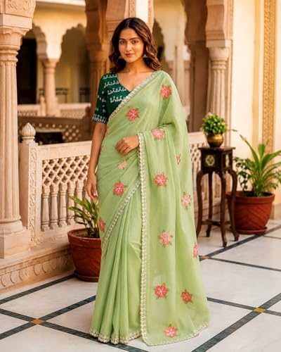 Image of Handcrafted Floral Embroidered Saree with Contrast Blouse