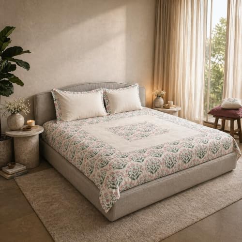 Image of Linen Home Cotton Percale Flat Bedsheet Set King Size Sequence Pink