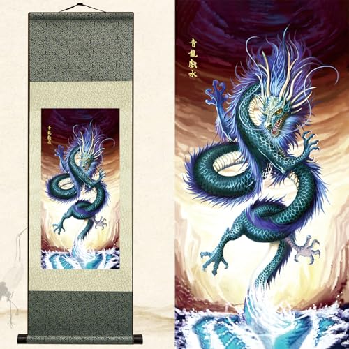 Newscz Asian Wall Art for Living Room Silk Scroll Painting Art Poster Oriental Decor Azure Dragon Playing with Water Chinoiserie Decor Wall Art Mural Vertical Wall Scroll 39 by 12 in