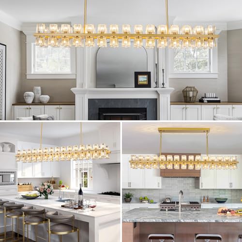 Image of Crystal Brass Rectangle Chandeliers for Dining Room, 54in Gold Farmhouse Chandeliers for Dining Room, Modern Rectangle Crystal Chandelier for Kitchen Island Living Room, Includes 60XG4 Bulbs