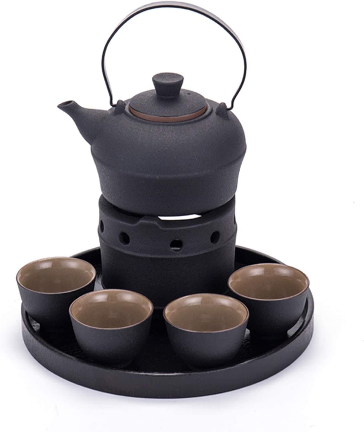 Juego de sake japonés de cerámica caliente con calentador de 6 piezas, 4 tazas, hervidor de sake y base calefactora para Navidad, cumpleaños y aniversarios, bandeja de cerámica (bandeja de madera)