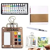 Mini Watercolor Travel Set, 2026 New Portable Pocket Artist Watercolor Paint Set with Picture Book, Wooden Paint Palette for Painters, Artists, and Students (8 Grids with 12 Color Paints)