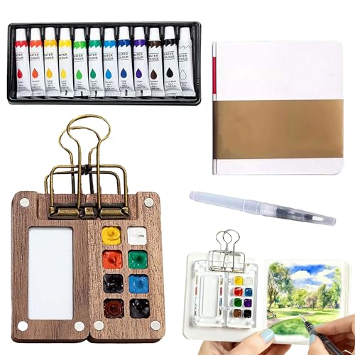 Mini Watercolor Travel Set, 2026 New Portable Pocket Artist Watercolor Paint Set with Picture Book, Wooden Paint Palette for Painters, Artists, and Students (8 Grids with 12 Color Paints)