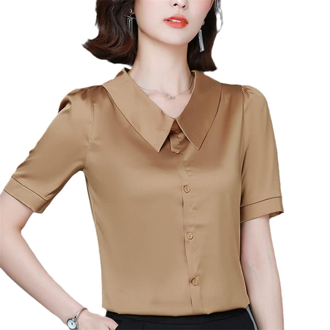 Camisa de Trabajo de Oficina de Verano para Mujer, Camisa de Seda Satinada con Cuello en V de Manga Corta para Mujer, Blusa, Tops