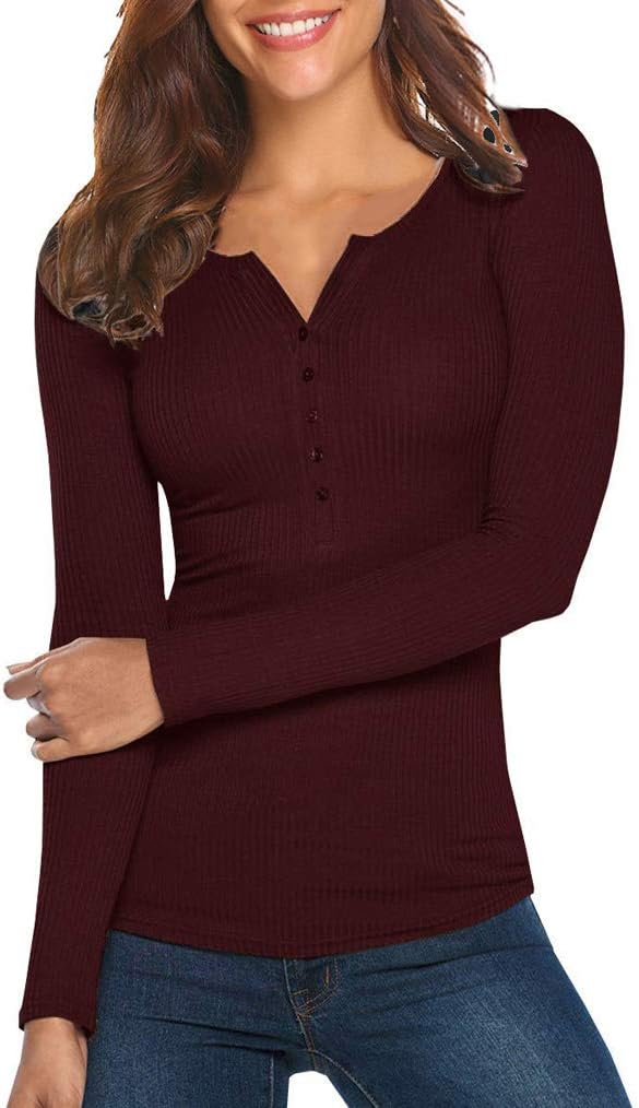 Womens V Neck Henley Shirts Long Sleeve Ribbed Button Down Basic Tops Tees Wine Red, S