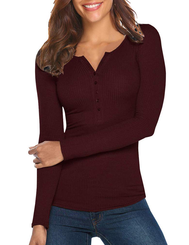 Tobrief Womens Henley Shirts Long Sleeve V Neck Ribbed Button Down Knit Sweater Fitted Tops
