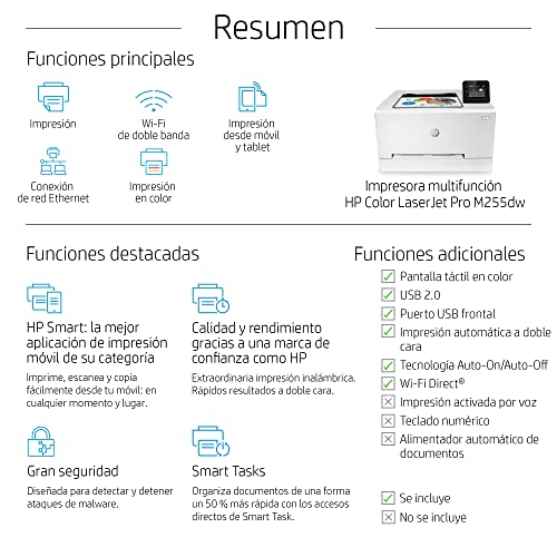 Miniatura 3 de Hp Color Laserjet Pro M255dw 7kw64a, Impresora Láser A4 Color A Doble Cara Automática 21 Ppm, Wi-Fi, Ethernet, Usb 2.0, Procesador De 800 Mhz, Memoria De 256 Mb, Hp Smart App, Pantalla Táctil Blanca