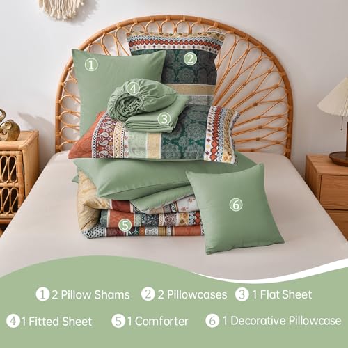 Image of Cottolester Boho Comforter Set Full Size,8 Pieces Sage Green and Orange Bohemian Striped Bed in a Bag,Paisley Soft Microfiber Bedding Comforter Set