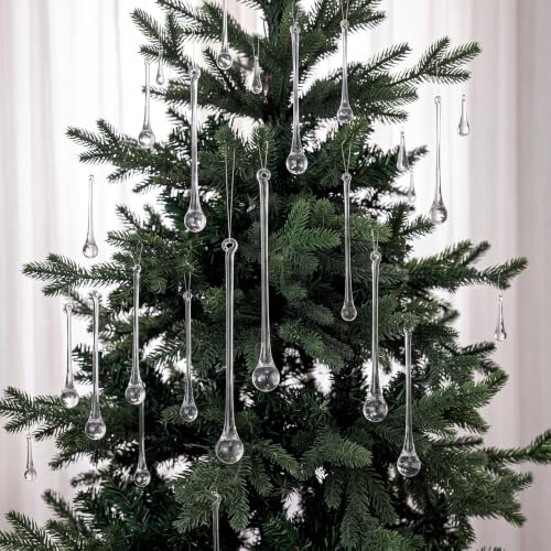 Image of 44 Pcs Clear Glass Teardrop Ornaments Christmas in July Crystal Raindrop Hanging Ornaments Crystal Chandelier Drop Pendant Icicles Decorations for Summer Tree Party Supplies (7 Multiple Sizes)
